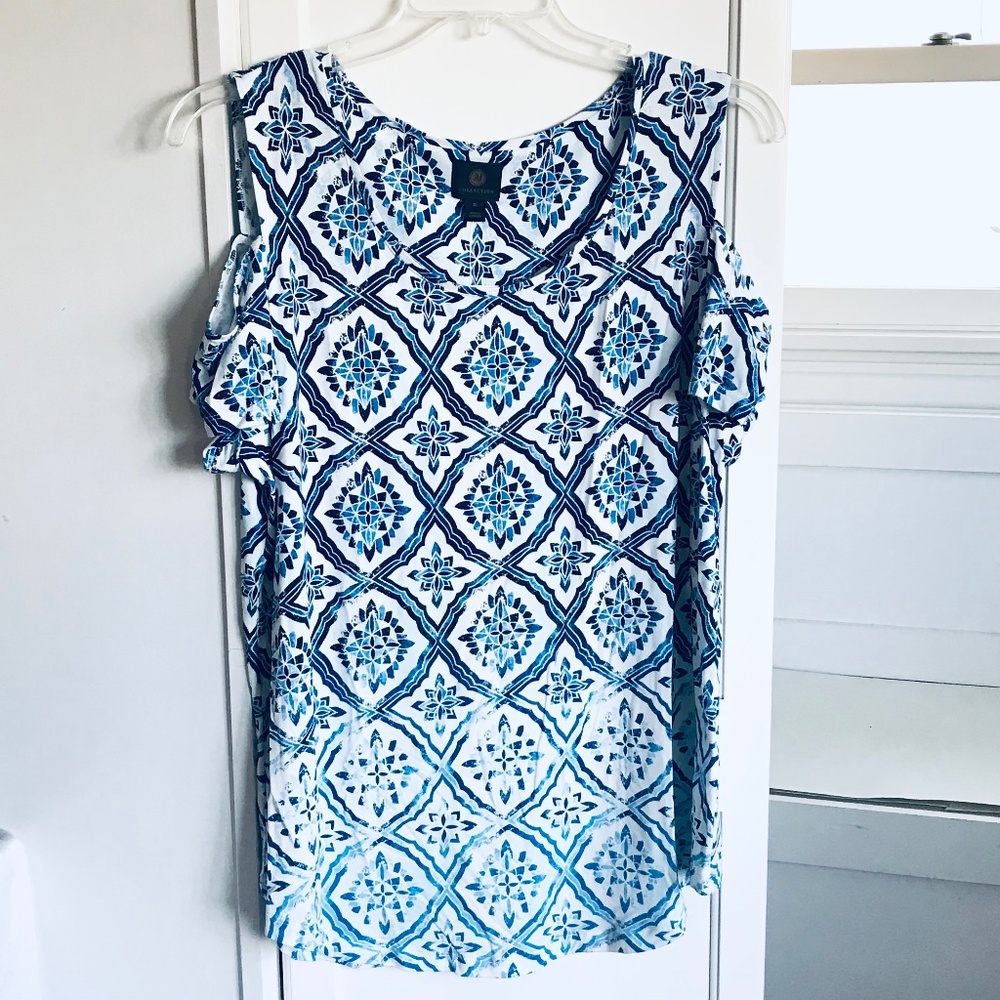 JM COLLECTION Short Sleeve Blouse Blue White Women’s Size XL 1X NWT